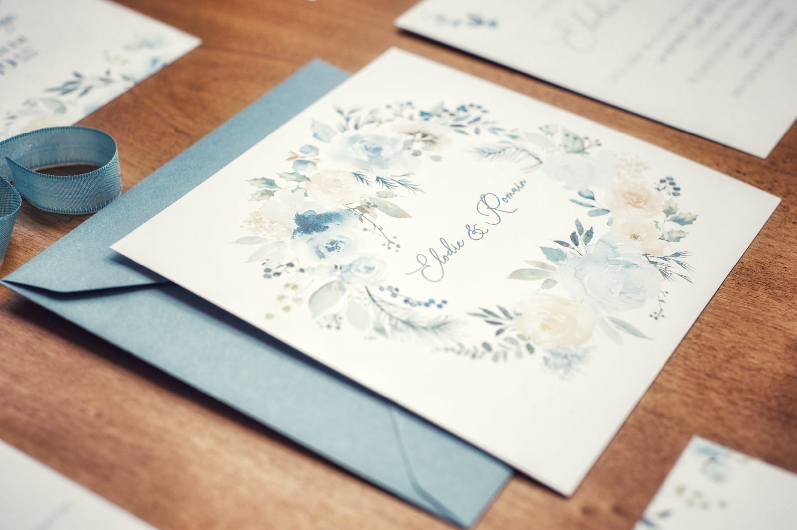 Mariage blue romantique papeterie faire part enveloppe